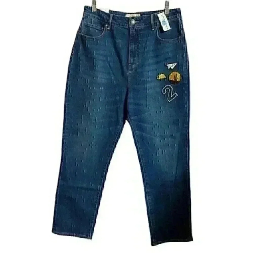 PacSun Women's 30 Blue Denim Retro Patched Jeans Punk Grunge Streetwear NWT